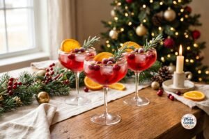 Festive Christmas mocktail with cranberry juice, orange slices, cranberries, and rosemary