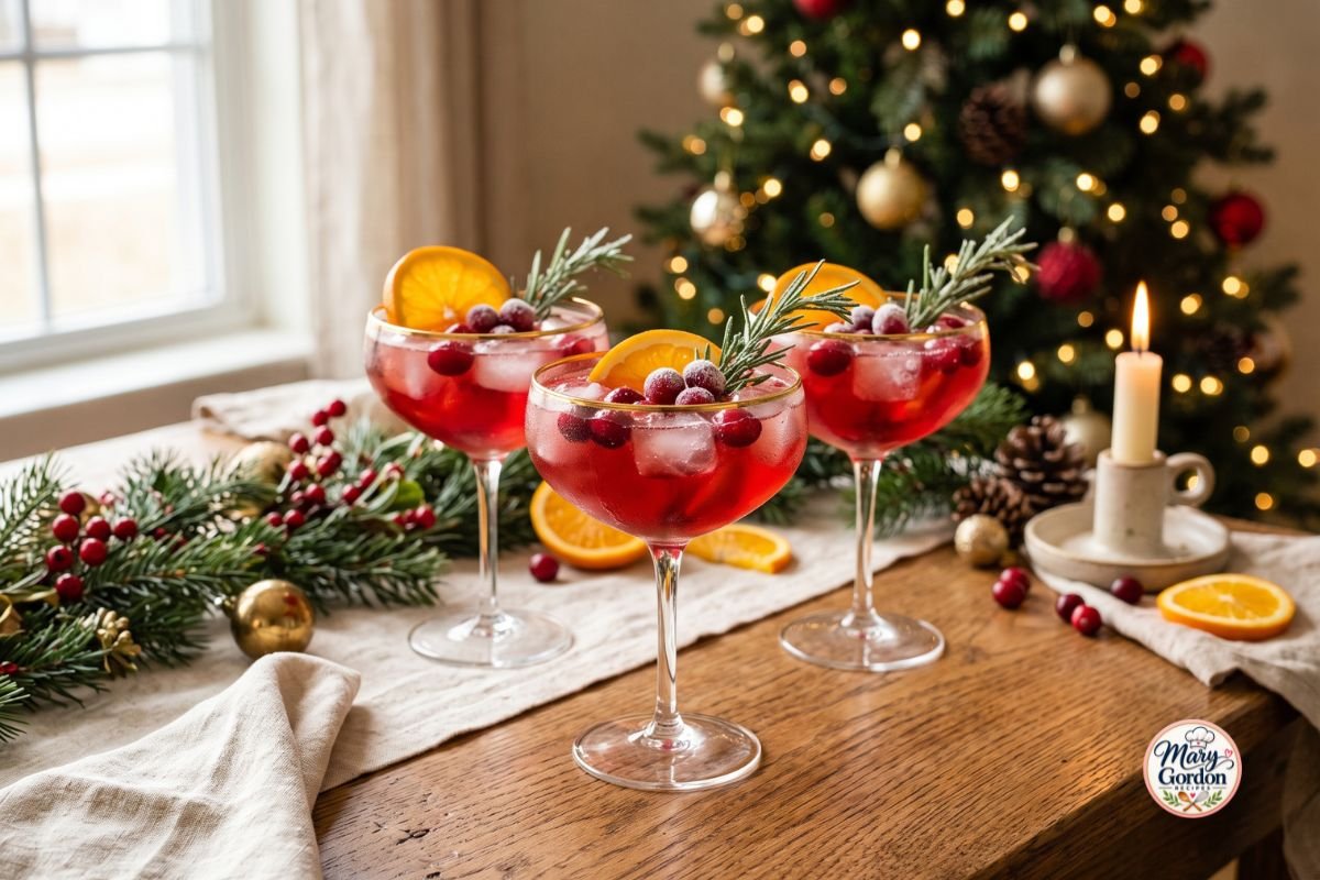 Festive Christmas mocktail with cranberry juice, orange slices, cranberries, and rosemary