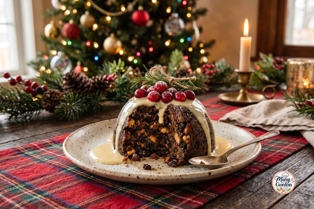 Homemade Christmas pudding topped with vanilla sauce and festive holiday garnish