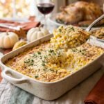 Creamy corn casserole with golden Parmesan topping in a baking dish