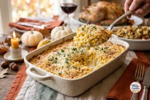 Creamy corn casserole with golden Parmesan topping in a baking dish