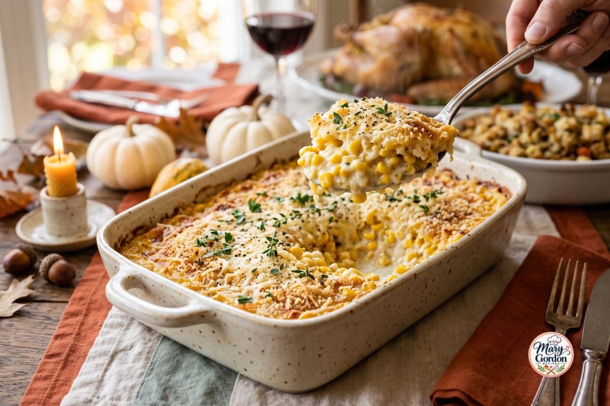 Creamy corn casserole with golden Parmesan topping in a baking dish