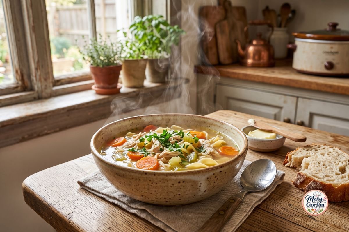 Easy crockpot chicken noodle soup with shredded chicken, vegetables, and egg noodles