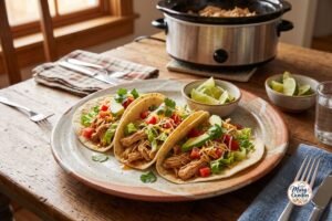 Easy crockpot chicken tacos with shredded chicken and fresh toppings