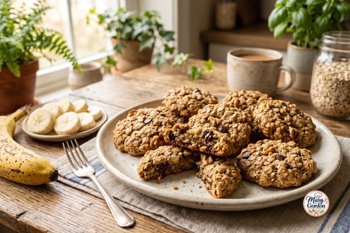 Soft homemade banana oatmeal cookies with oats and ripe banana