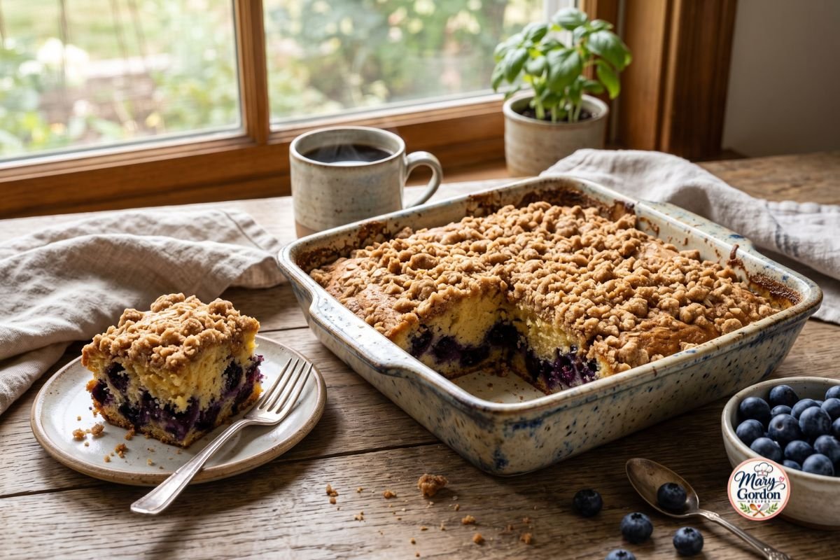 Easy blueberry coffee cake with cinnamon crumb topping and fresh blueberries
