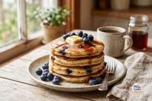 Fluffy homemade blueberry pancakes topped with fresh blueberries and maple syrup
