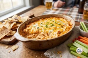 Creamy cheesy buffalo chicken dip served warm with tortilla chips and celery