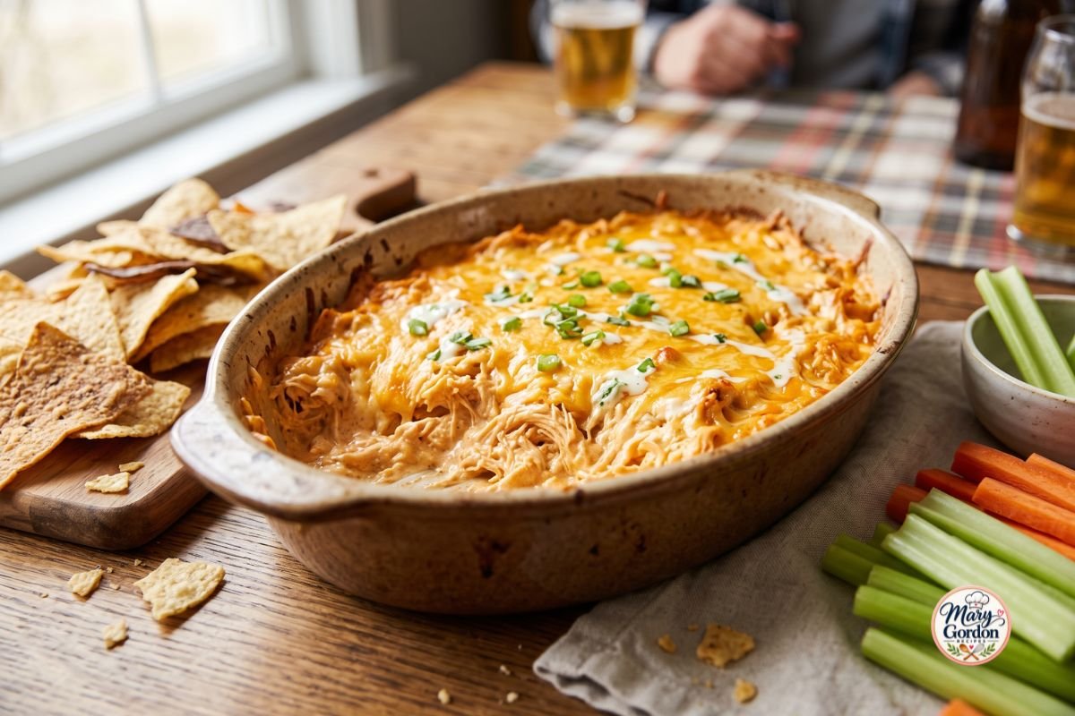 Creamy cheesy buffalo chicken dip served warm with tortilla chips and celery