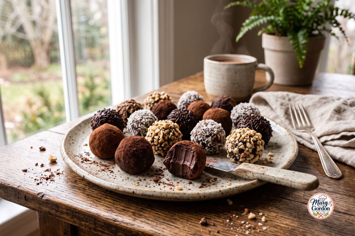 Easy homemade chocolate truffles coated with cocoa powder, nuts, and chocolate toppings