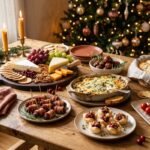 Festive Christmas appetizer spread with cranberry Brie bites, cheese, crackers, and holiday snacks