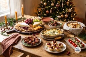 Festive Christmas appetizer spread with cranberry Brie bites, cheese, crackers, and holiday snacks
