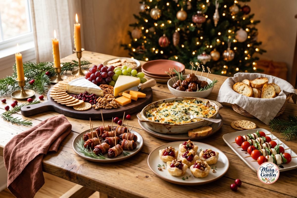 Festive Christmas appetizer spread with cranberry Brie bites, cheese, crackers, and holiday snacks
