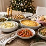Easy Christmas side dishes featuring creamy mashed potatoes, honey glazed carrots, roasted vegetables, and golden casseroles on a festive holiday table.