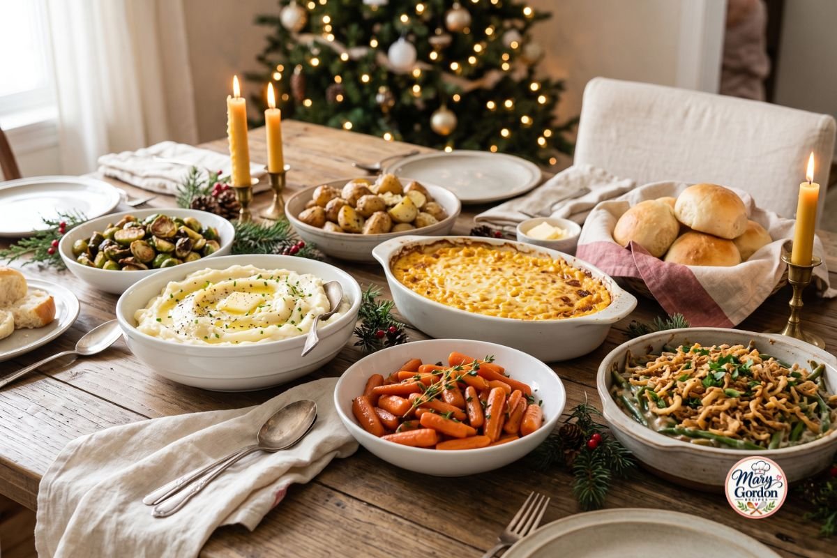 Easy Christmas side dishes featuring creamy mashed potatoes, honey glazed carrots, roasted vegetables, and golden casseroles on a festive holiday table.