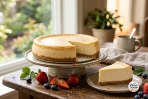 Easy classic baked cheesecake with creamy filling and buttery graham cracker crust