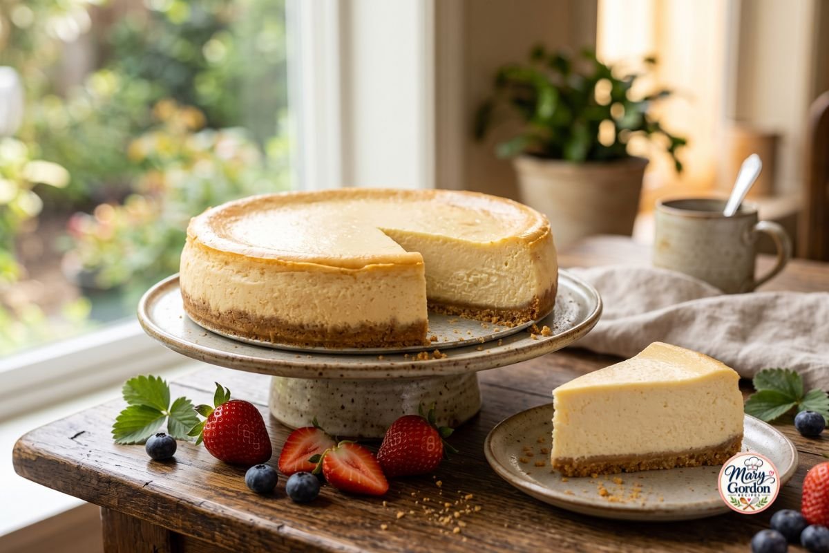 Easy classic baked cheesecake with creamy filling and buttery graham cracker crust
