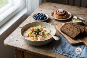 Easy Finnish recipes including salmon soup, rye bread, potatoes, and blueberry pie