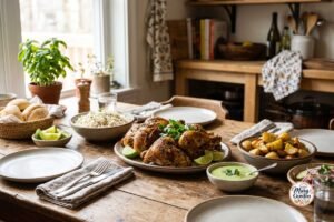 Easy Peruvian recipes served with Peruvian chicken, rice, potatoes, and green sauce
