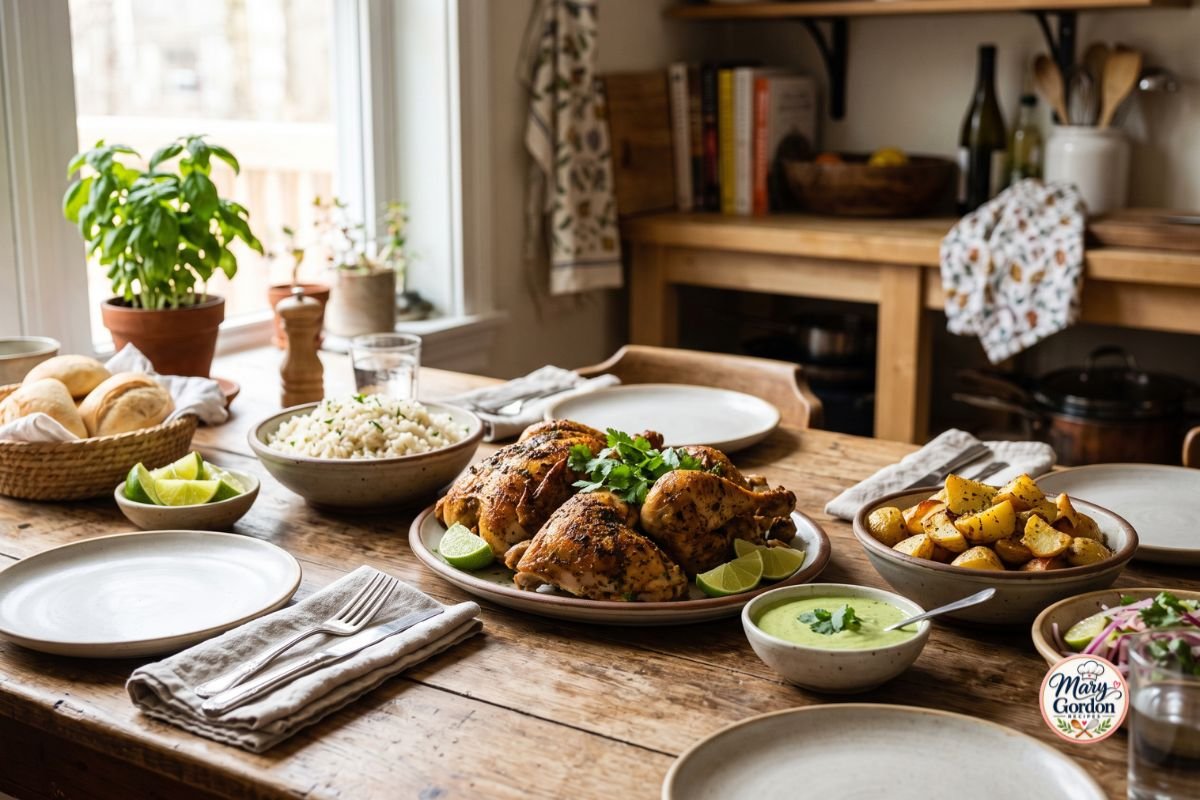 Easy Peruvian recipes served with Peruvian chicken, rice, potatoes, and green sauce