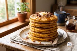 Easy pumpkin pancakes recipe stacked with maple syrup and pecans