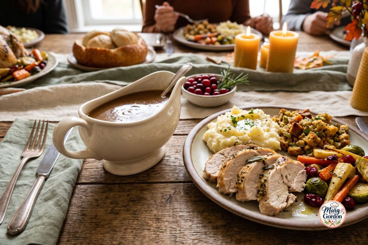 Homemade Thanksgiving turkey gravy in a gravy boat beside roast turkey and mashed potatoes