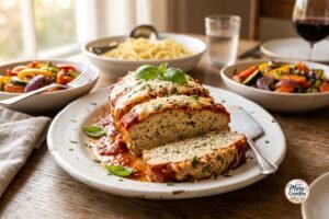 Garlic Parmesan chicken meatloaf topped with marinara, mozzarella, and Parmesan cheese