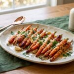 Garlic Parmesan roasted carrots with golden edges and fresh parsley on a serving platter