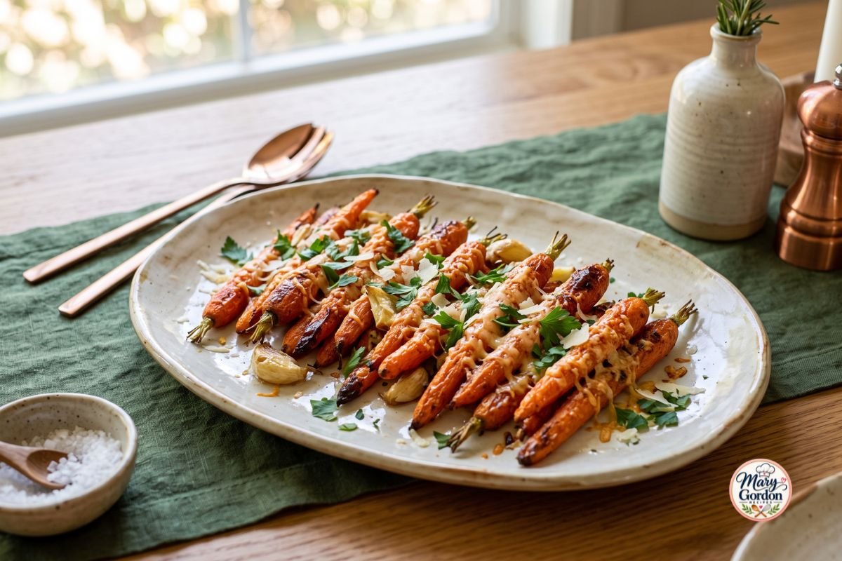 Garlic Parmesan roasted carrots with golden edges and fresh parsley on a serving platter