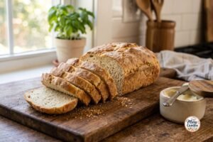 Homemade gluten free bread sliced on a wooden cutting board