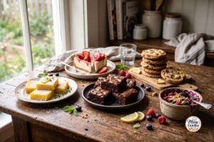 Assortment of homemade gluten free desserts including brownies, cheesecake, cookies, and fruit crisp