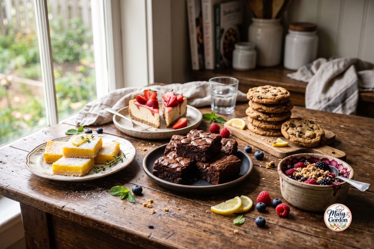 Assortment of homemade gluten free desserts including brownies, cheesecake, cookies, and fruit crisp