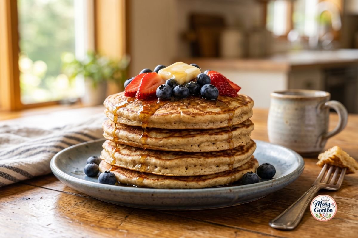 Fluffy homemade gluten free pancakes topped with fresh berries and maple syrup