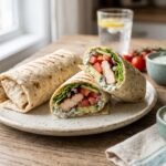 Healthy chicken wrap filled with seasoned chicken, lettuce, tomatoes, cucumber, and creamy yogurt dressing.