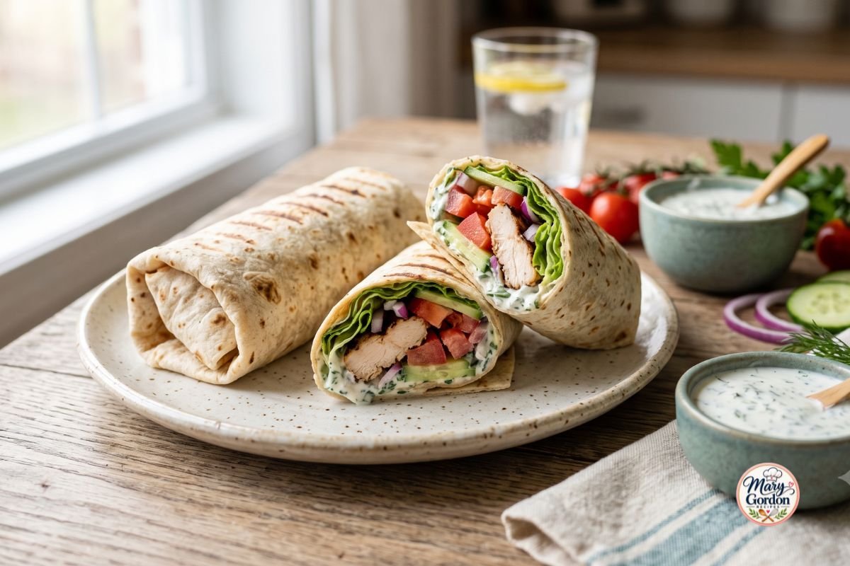 Healthy chicken wrap filled with seasoned chicken, lettuce, tomatoes, cucumber, and creamy yogurt dressing.