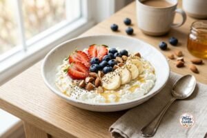 Healthy cottage cheese bowl topped with strawberries, blueberries, banana, chopped nuts, chia seeds, and honey