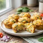 Healthy homemade egg muffins filled with spinach, bell peppers, cheese, and eggs, arranged on a breakfast plate.