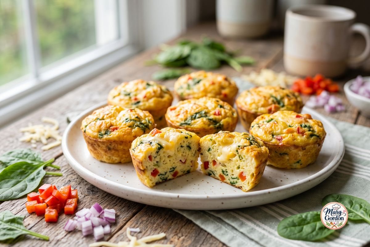 Healthy homemade egg muffins filled with spinach, bell peppers, cheese, and eggs, arranged on a breakfast plate.
