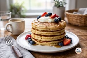 Healthy Greek yogurt pancakes stacked with fresh berries and maple syrup
