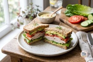 Healthy turkey sandwich with whole-grain bread, sliced turkey, lettuce, tomato, cucumber, avocado, and creamy yogurt spread
