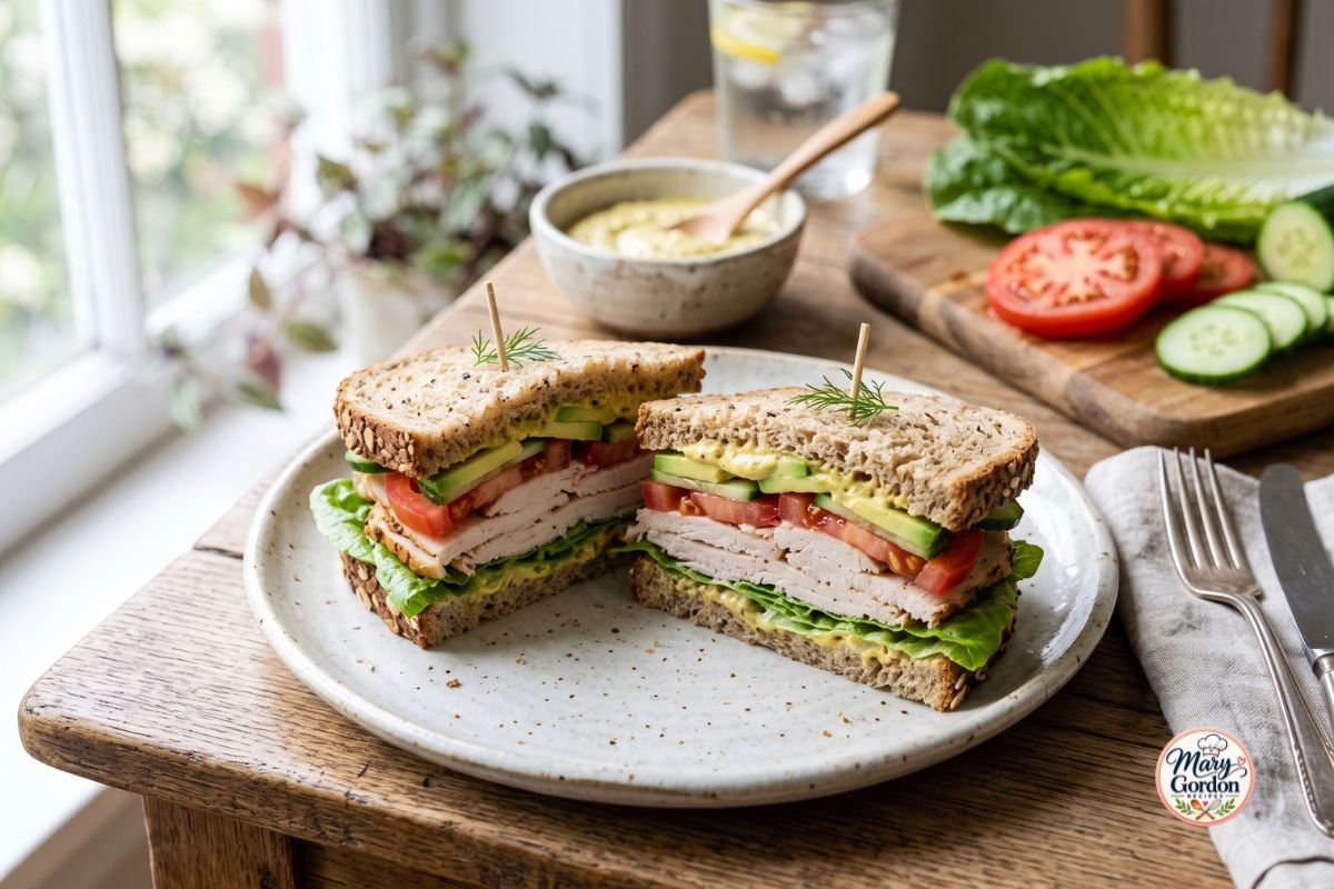 Healthy turkey sandwich with whole-grain bread, sliced turkey, lettuce, tomato, cucumber, avocado, and creamy yogurt spread