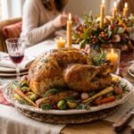 Herb butter roast turkey with golden skin on a Thanksgiving serving platter