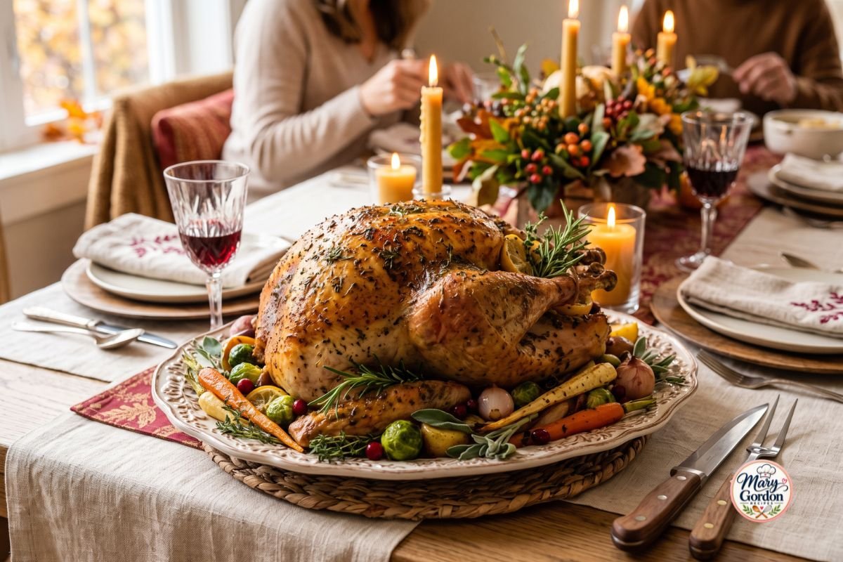 Herb butter roast turkey with golden skin on a Thanksgiving serving platter