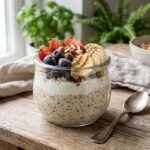 High protein overnight oats in a glass jar topped with fresh berries, banana slices, chia seeds, and nut butter