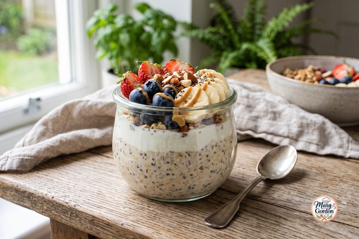 High protein overnight oats in a glass jar topped with fresh berries, banana slices, chia seeds, and nut butter