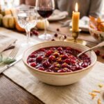 Homemade cranberry orange sauce with fresh cranberries and orange zest in a serving bowl