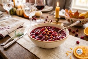 Homemade cranberry orange sauce with fresh cranberries and orange zest in a serving bowl