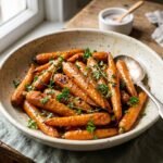 Honey glazed carrots coated in a buttery honey glaze and garnished with fresh parsley in a serving dish.