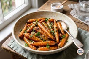 Honey glazed carrots coated in a buttery honey glaze and garnished with fresh parsley in a serving dish.