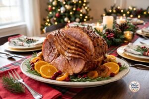 Honey glazed Christmas ham with a glossy caramelized holiday glaze